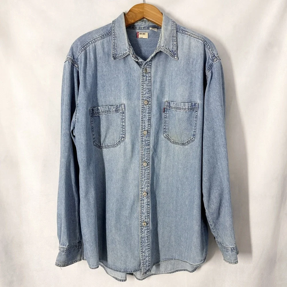 90s Levi's Red Tab Long Sleeve Light Wash Blue Denim Button Up Shirt Men's XL